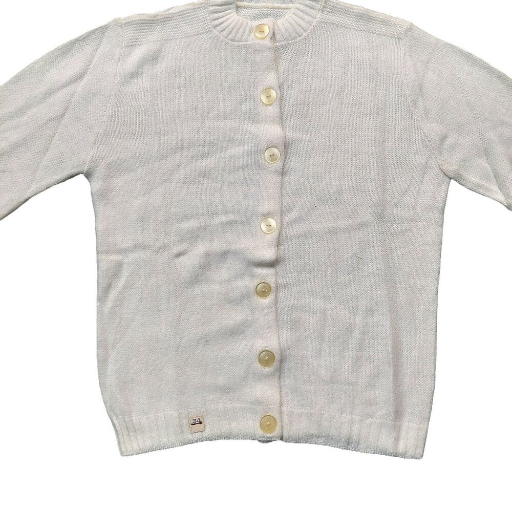 Vintage 1940s-1950s White Long Sleeve Cardigan Knit Fall Winter Sweater - Picture 3 of 7
